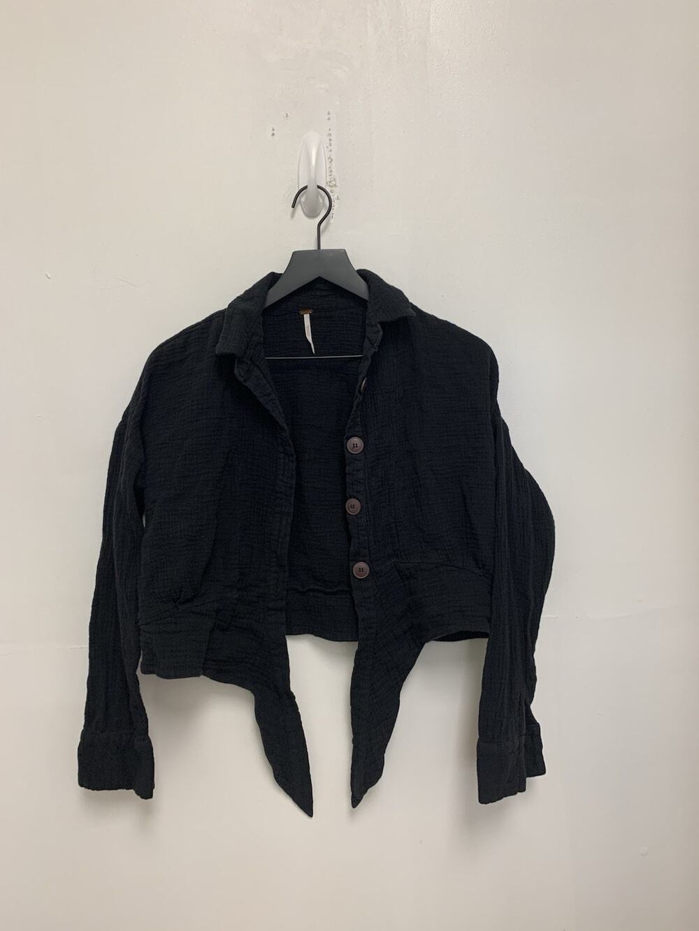 Free People Sunstreaks Black Cotton Gauze Button Front Tie Hem Shirt Top Size S
